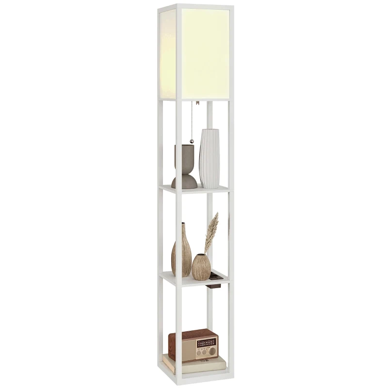 HOMCOM Lampadaire avec tablettes, lumière réglable, interrupteur au pied et ports USB, blanc