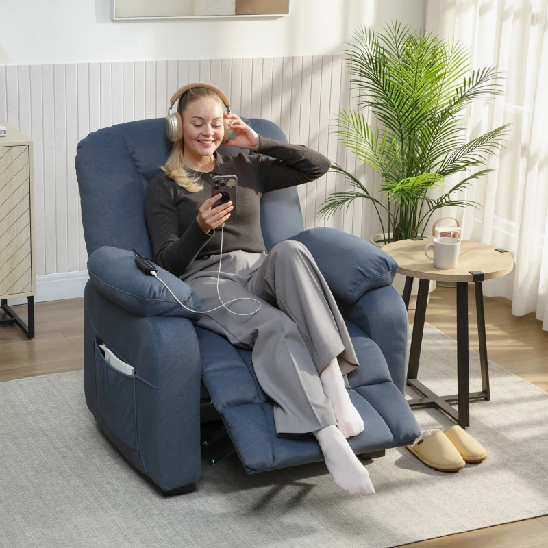 HOMCOM Sillón Relax Reclinable Eléctrico Silencioso con Función Memoria Reposapiés Mando a Distancia Bolsillos Laterales Azul