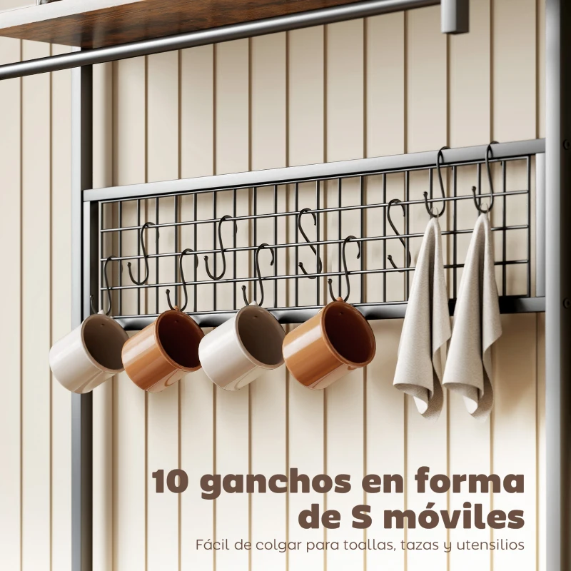 HOMCOM Estantería de Cocina con Tres Enchufes y Luces LED Industrial con Estantes para Microondas 80x42x162 cm Marrón Rústico