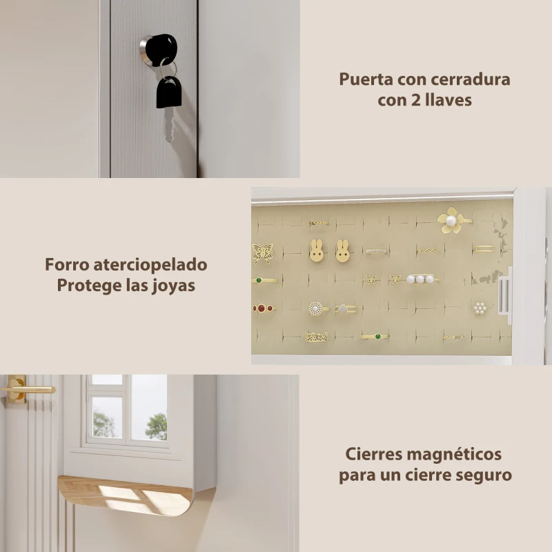 HOMCOM Espejo Joyero con Luz LED Montado en la Pared o en la Puerta con Cerradura Espejo Entero 2 Cajones Blanco