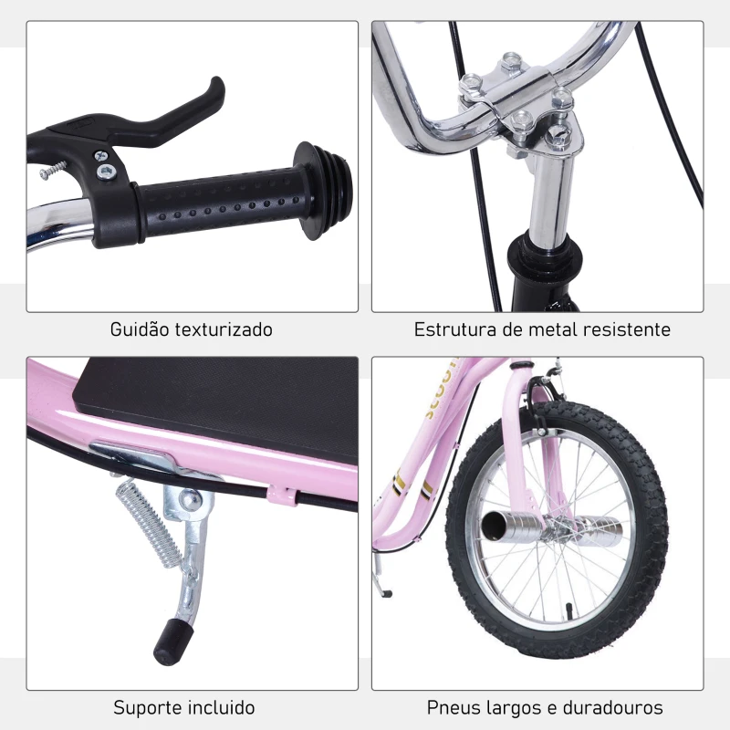 HOMCOM Trotinete para Crianças Min.5 Anos 2 Rodas Insufláveis de 16 Polegadas Freios e Guidão Ajustável Altura 143x58x92-100 cm Rosa