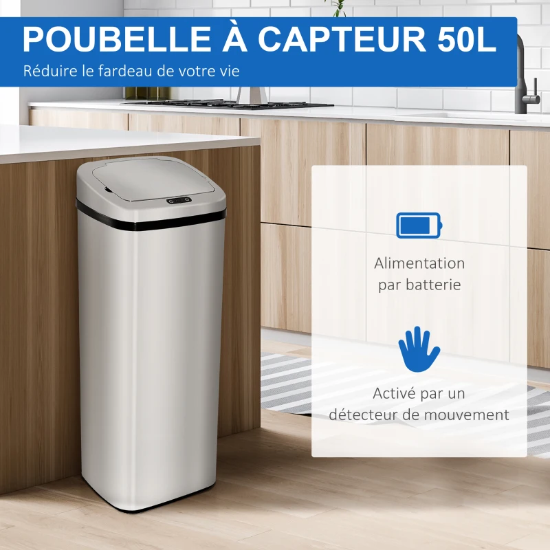HOMCOM Poubelle à capteur de mouvement ouverture automatique 1 bac de 50 L en acier inoxydable