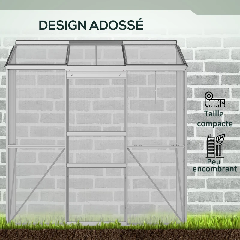 Outsunny Serre adossée serre de jardin fenêtres ouvrables à 5 niveaux panneau en PC cadre aluminium 192 x 68 x 196 cm transparent(m-4)
