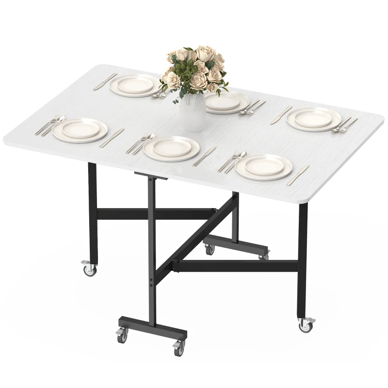 HOMCOM Mesa plegable móvil con 6 ruedas y frenos, mesa de cocina plegable para espacios pequeños, Blanco