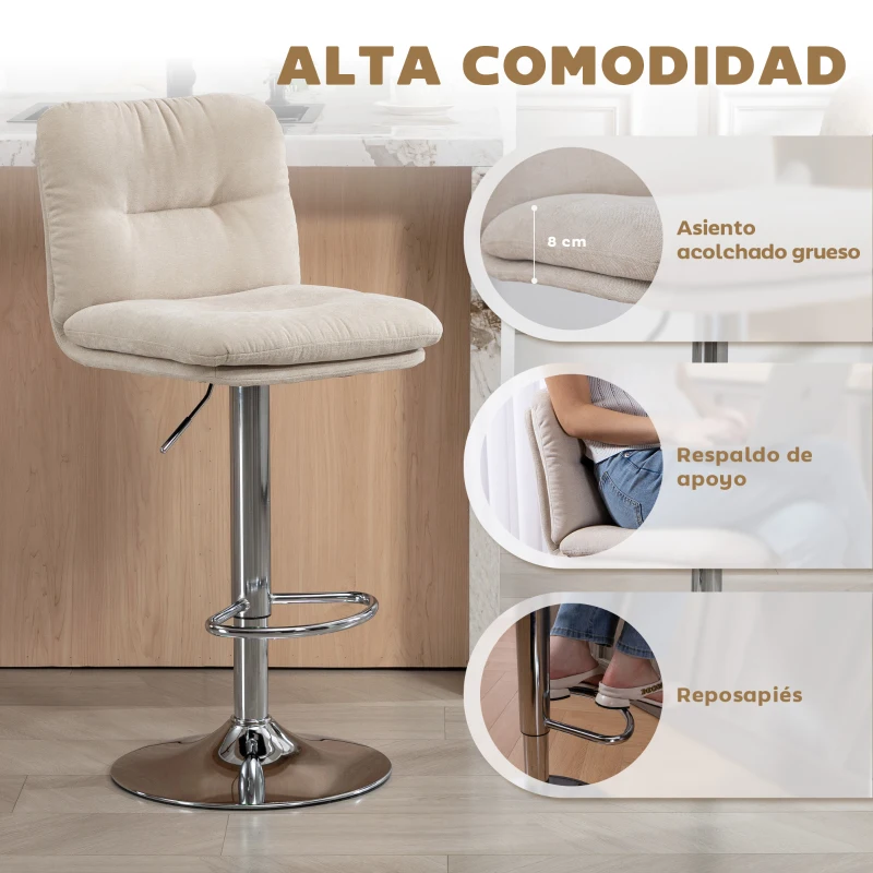 HOMCOM Juego de 2 Taburetes Altos de Cocina Giratorios Tapizados de Lino con Altura Ajustable Respaldo y Reposapiés Beige