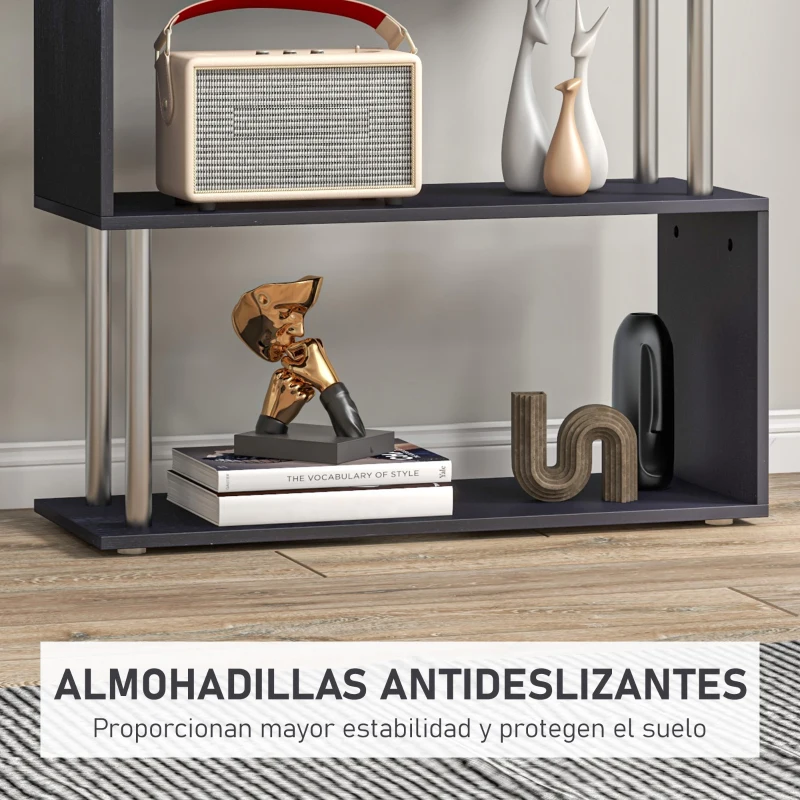 HOMCOM Librería en Forma S Estantería para Libros de 4 Niveles Mueble Estantería para Salón Oficina Estudio 80x30x145 cm Negro