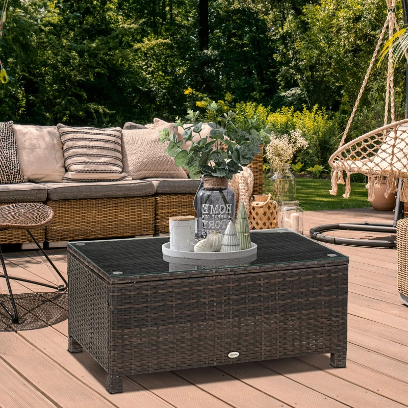 Outsunny Table Basse de Jardin Plateau Verre trempé 5 mm rotin tressé 85 x 50 x 39cm Max. 50 kg Marron