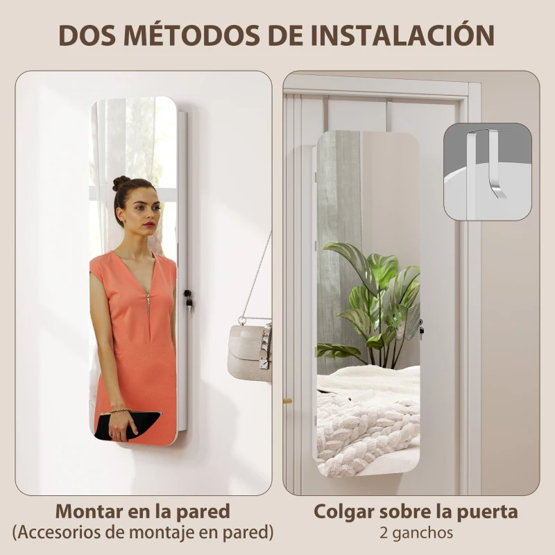 HOMCOM Espejo Joyero con Luz LED Montado en la Pared o en la Puerta con Cerradura Espejo Entero 2 Cajones Blanco