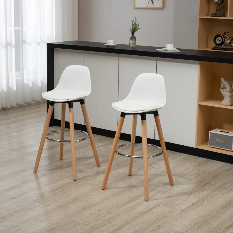 HOMCOM Lot de 2 tabourets de bar, chaises de bar en PU avec dossier et repose-pieds, assise rembourrée 69 cm, pieds en bois, style moderne, tabourets hauts pour cuisine, salle à manger, salon, blanc
