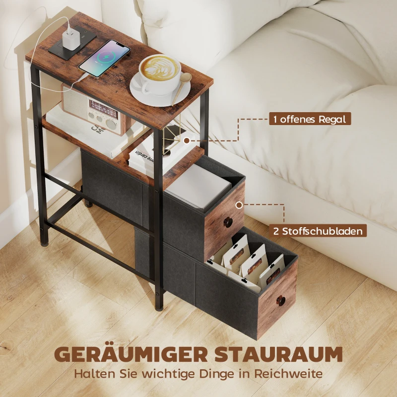 HOMCOM Couchtisch Beistelltisch mit Ladestation, Stahlrahmen, 2 Stoffschublade, offen Fach, 20cm x 40cm x 63cm, Rustikal-Braun