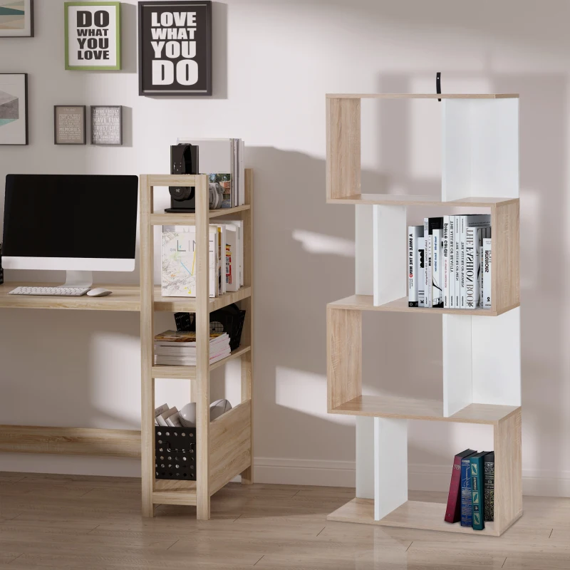 HOMCOM Bibliothèque à 4 niveaux, meuble de rangement en forme de S avec étagères, étagère de rangement pour salon, chambre bureau, 60 x 24 x 148 cm, bois naturel et blanc