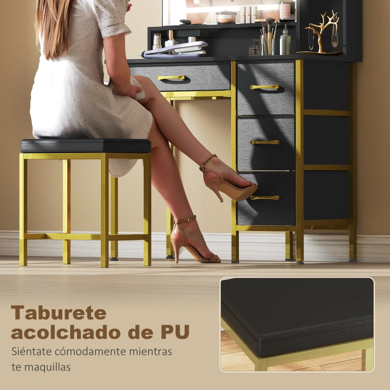 HOMCOM Tocador de Maquillaje con Espejo Luces LED Estación de Carga Taburete Estación de Carga 4 Cajones Negro