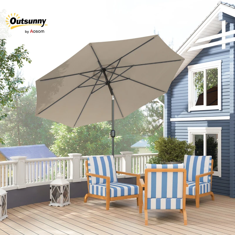 Outsunny 3m Parasol Patio Umbrella, Outdoor Sun Shade with Tilt and Crank Handle for Balcony, Bench, Garden, Light Grey