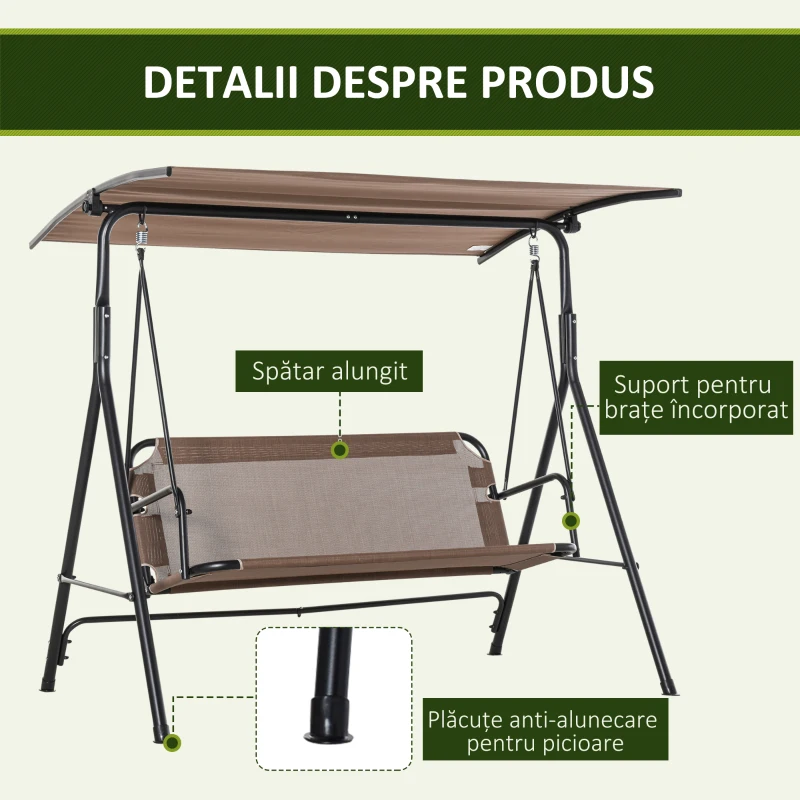 Outsunny Balansoar de Gradina/Terasa 3 Locuri cu Baldachin Reglabil din Metal si Textilen, 172x110x155 cm, Maro(m-6)