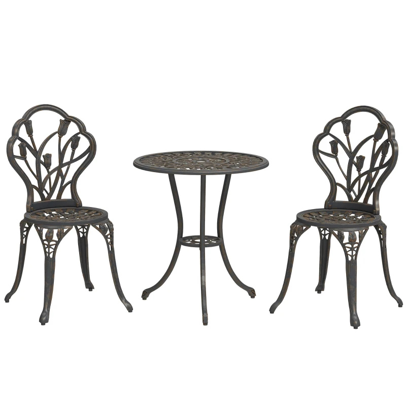 Outsunny 3-teiliger Bistro-Set für den Außenbereich mit 2 Gartenstühlen und rundem Beistelltisch mit Schirmloch, Tisch- und Stuhlset aus Aluminium für Terrasse, Hof, Bronze