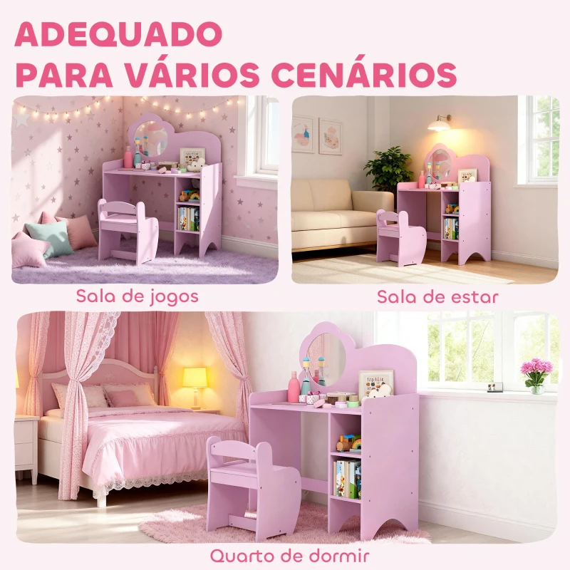 AIYAPLAY Toucador para Crianças com Banco e Espelho em Forma de Flor com Compartimentos Abertos 70x39x92,5 cm Roxo
