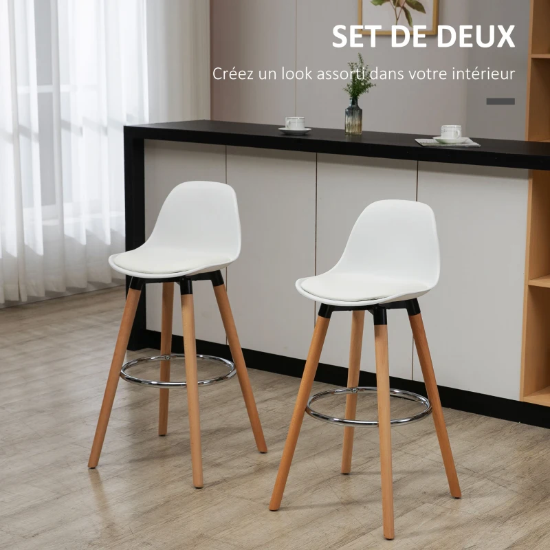 HOMCOM Lot de 2 tabourets de bar, chaises de bar en PU avec dossier et repose-pieds, assise rembourrée 69 cm, pieds en bois, style moderne, tabourets hauts pour cuisine, salle à manger, salon, blanc