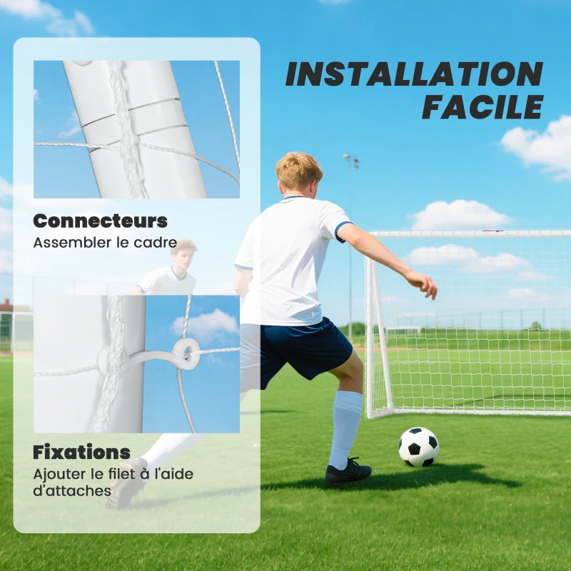 SPORTNOW But de football avec filet poteaux en PVC et piquets de sol installation rapide 2,4 x 1,8 m blanc