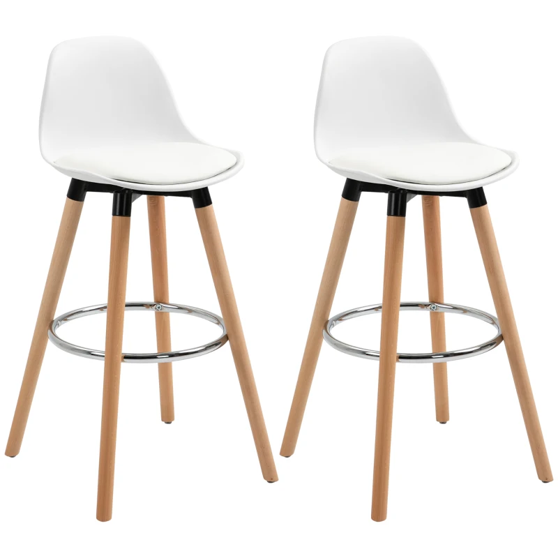 HOMCOM Lot de 2 tabourets de bar, chaises de bar en PU avec dossier et repose-pieds, assise rembourrée 69 cm, pieds en bois, style moderne, tabourets hauts pour cuisine, salle à manger, salon, blanc