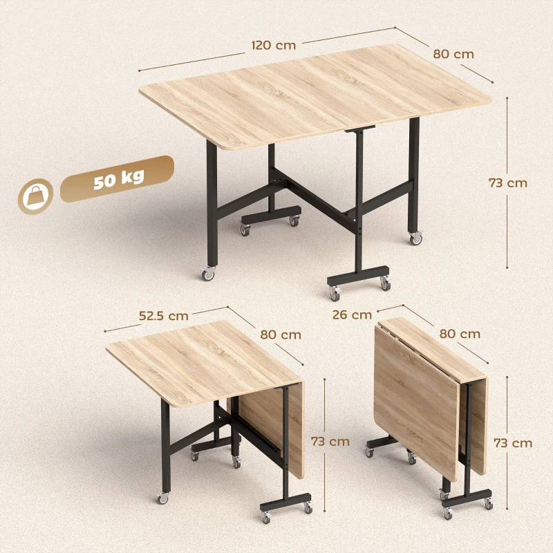 HOMCOM Mesa plegable móvil con 6 ruedas y frenos, mesa de cocina-comedor plegable para espacios pequeños, roble