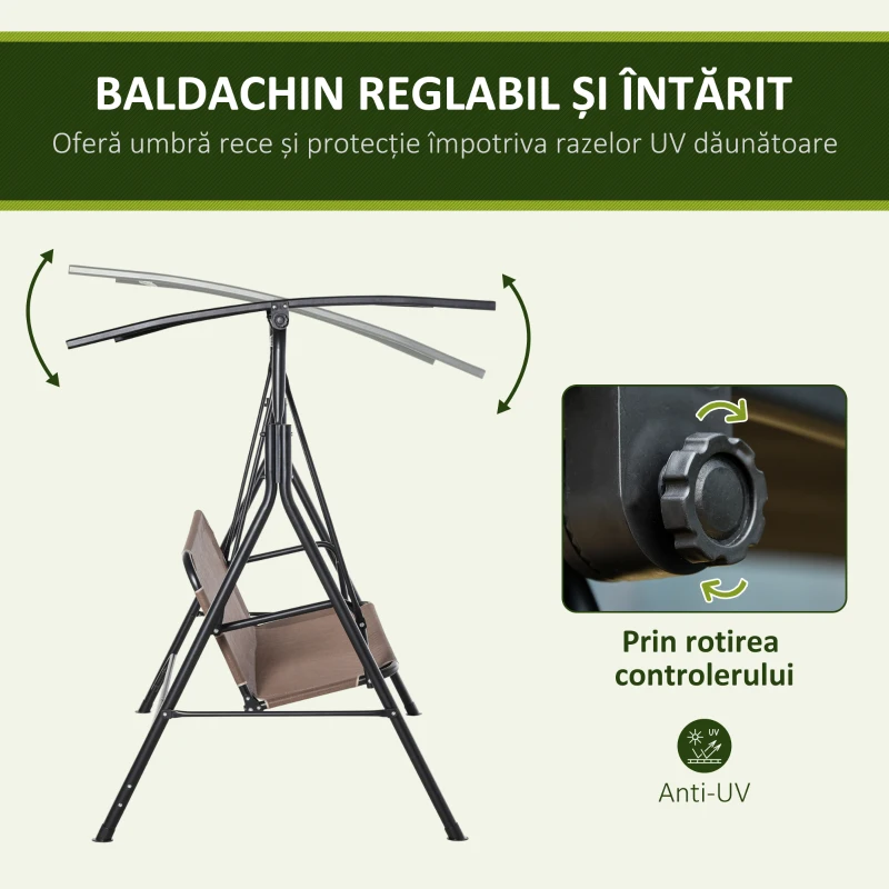 Outsunny Balansoar de Gradina/Terasa 3 Locuri cu Baldachin Reglabil din Metal si Textilen, 172x110x155 cm, Maro(m-4)