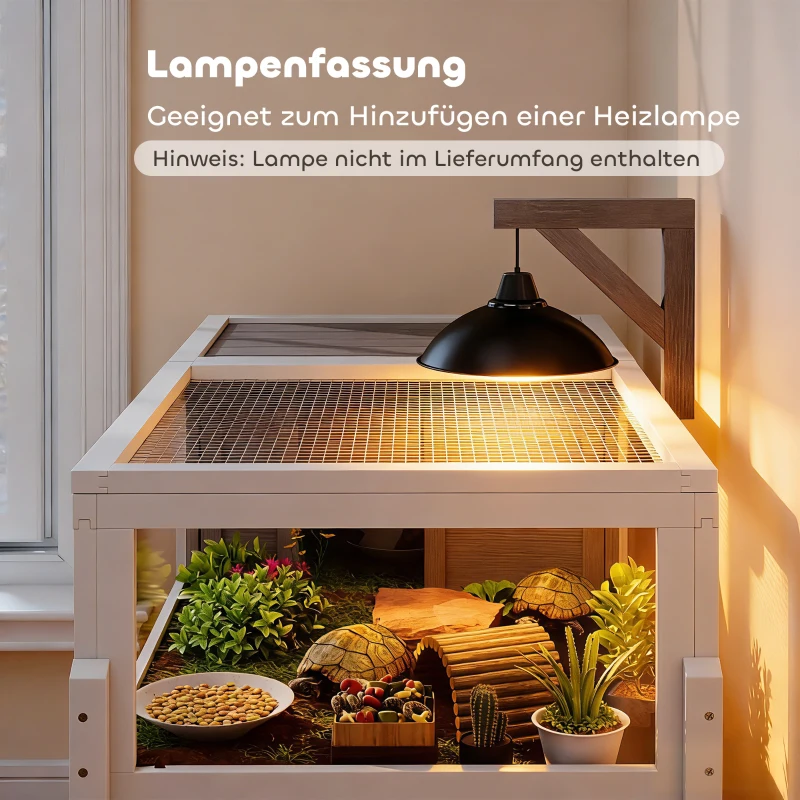 PawHut Schildkrötenhaus aus Holz Schildkrötengehege mit Haupthaus, Sichtfenster, Deckel, 104cm x 53cm x 82cm, Weiß+Grau