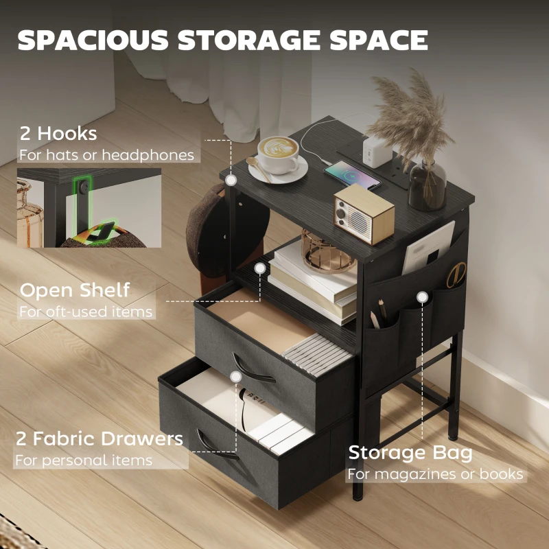 HOMCOM Couchtisch Beistelltisch mit Ladestation, Stahlrahmen, USB-C-Anschlüssen, Schubladen, Haken, 40cm x 30cm x 60cm Schwarz