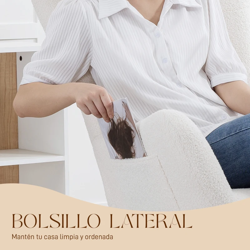 HOMCOM Mecedora de Terciopelo de Teddy con Respaldo Acolchado Almohada y Base de Madera de Caucho Carga 120 kg Crema