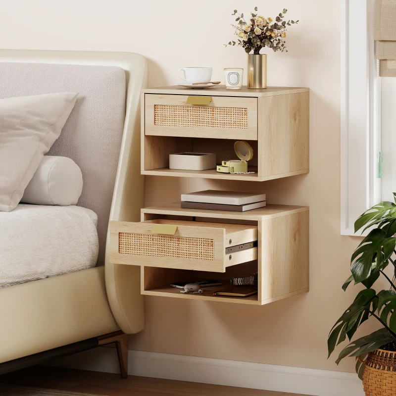 HOMCOM Lot de 2 Tables de Chevet Murales Flottantes avec Tiroir en Rotin Étagère Ouverte Gain de Place 40x30x25 cm Chêne