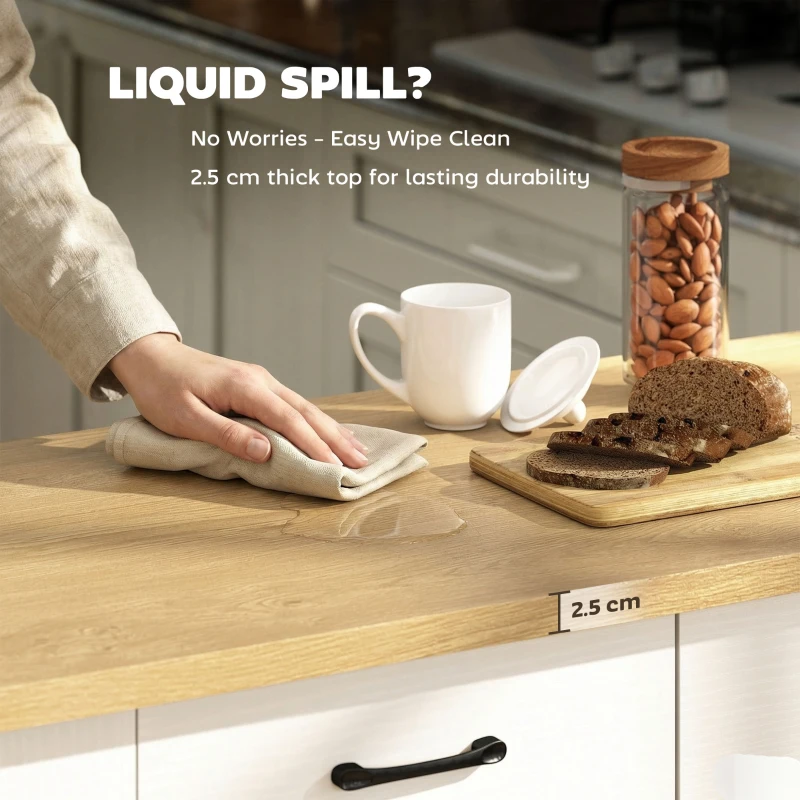 HOMCOM Isla de Cocina con Estación de Carga, Carrito de Cocina con Ruedas y Encimera Abatible, 2 Cajones, Blanco