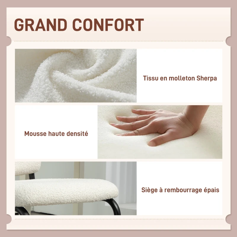 HOMCOM Chaise salle à manger, chaise de cuisine avec revêtement en effet laine boucleé, siège rembourré et pieds en acier crème