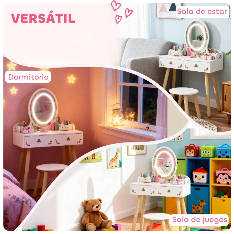 AIYAPLAY Tocador de Maquillaje Niña con Luces LED de 3 Colores Taburete Espejo 2 Cajones 2 Cajas de Almacenaje Blanco