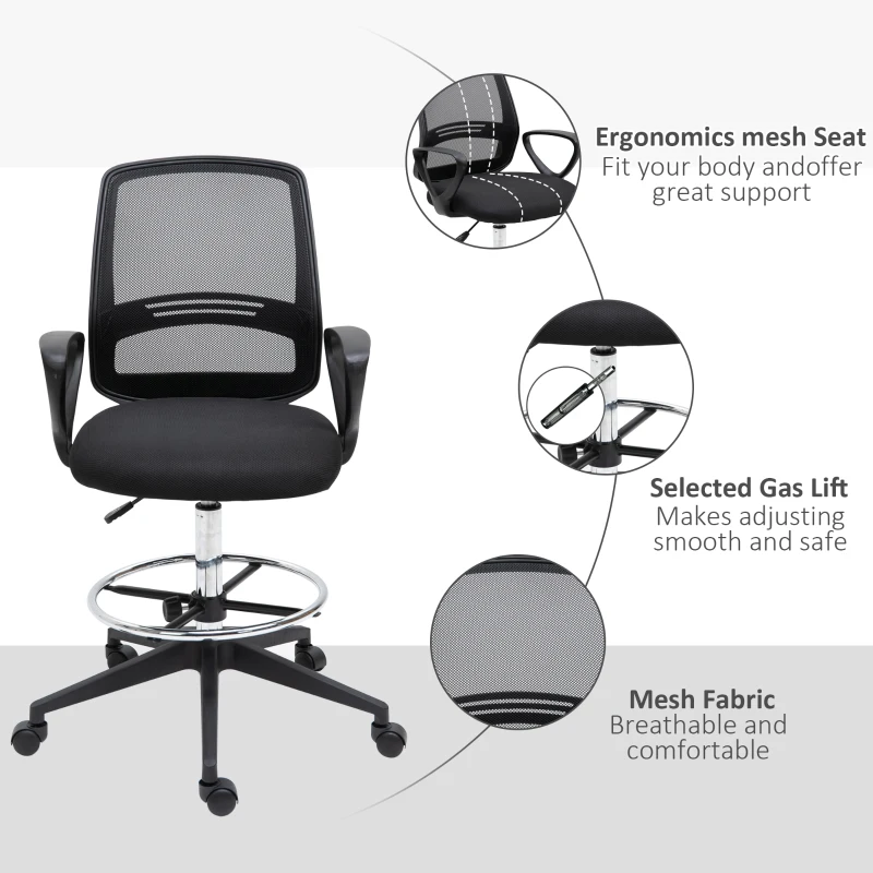 Vinsetto Fauteuil de bureau chaise de bureau assise haute réglable tabouret de bureau pivotant 360° maille respirante