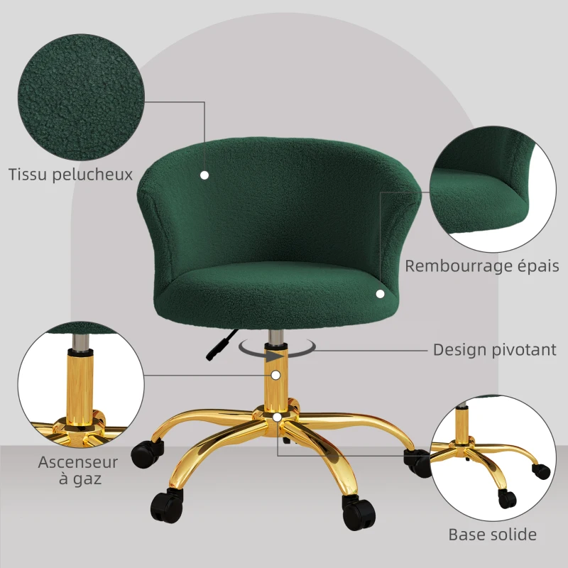 Vinsetto Chaise de bureau, fauteuil de bureau ergonomique réglable en hauteur, siège pivotante, piètement en acier, vert