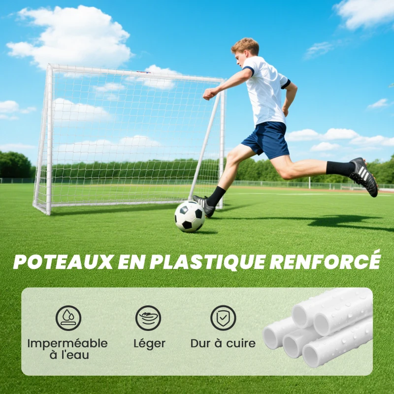 SPORTNOW But de football avec filet poteaux en PVC et piquets de sol installation rapide 2,4 x 1,8 m blanc