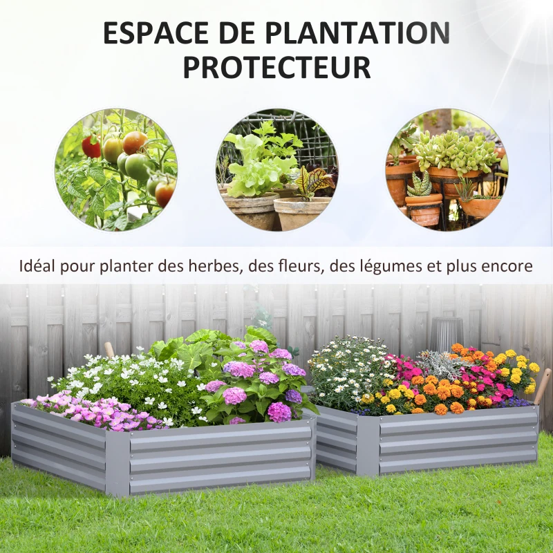 Outsunny Lot de 2 carré potager de jardin dim. 100L x 100l x 30H cm - tôle d'acier ondulée gris(m-4)