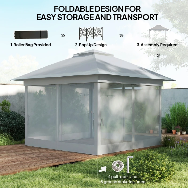 Outsunny 3.6 x 3.6 m Pop-Up Gazebo with Netting and Carry Bag - Height Adjustable Party Tent, Instant Canopy Sun Shade Shelter, Grey
