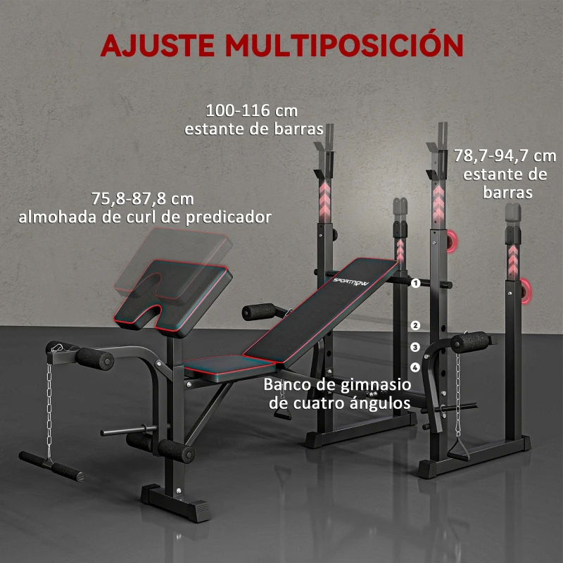 SPORTNOW Banco de Pesas con Soportes para Barra y Respaldo Ajustable para Entrenamiento Completos de Cuerpo Negro