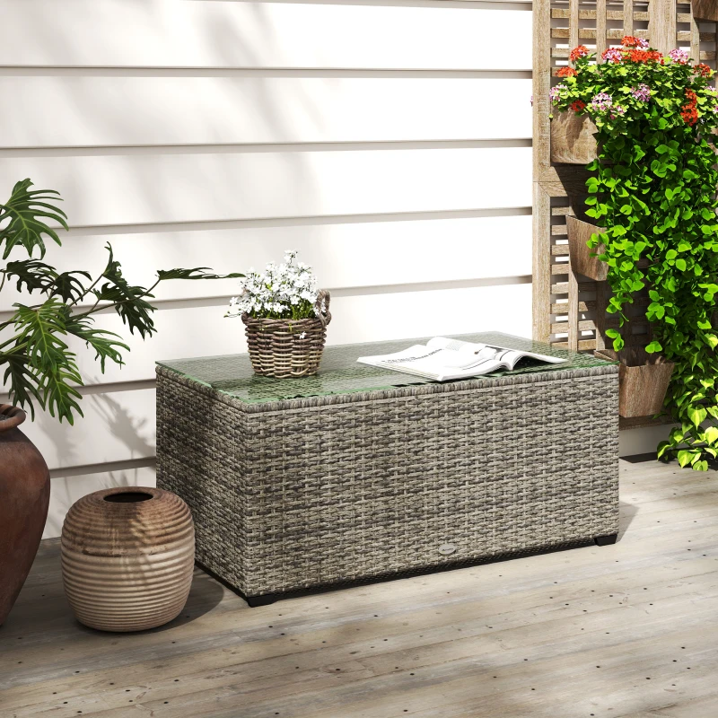 Outsunny Gartencouchtisch, Beistelltisch in geflochtener Rattan-Optik mit Sicherheitsglasplatte, 90 x 50 x 38 cm, dunkelgrau