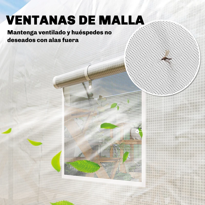Outsunny Invernadero de Túnel 3,5x2x2 m con 6 Ventanas de Malla y Puerta Enrollable con Cremallera Anti-UV Blanco
