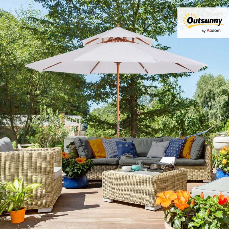 Outsunny 2.7 m Garden Parasol Umbrella, Double Tier Garden Umbrellas Outdoor Sun Umbrella Sunshade Bamboo Ribs, White