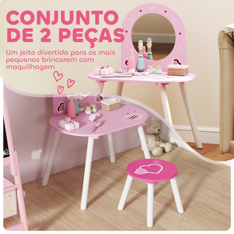 AIYAPLAY Toucador Infantil com Banco e Espelho Toucador para Meninas com Desenhos de Corações  60x43,5x83 cm  Rosa