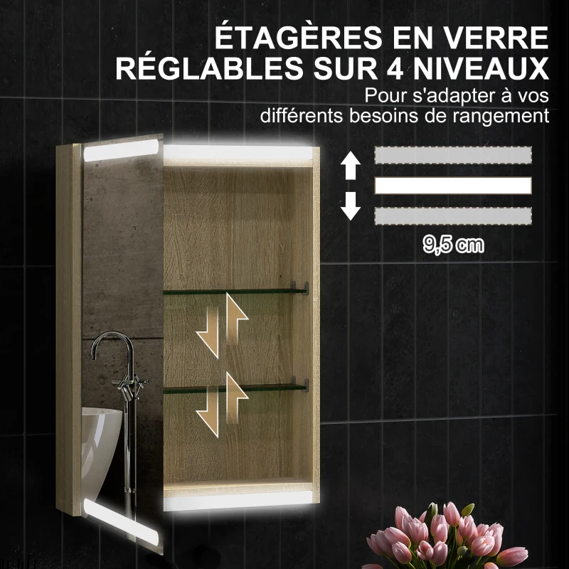 HOMCOM Armoire murale meuble salle de bain avec miroir, éclairage LED et étagères en verre réglables 50x12,5x70cm, bois naturel