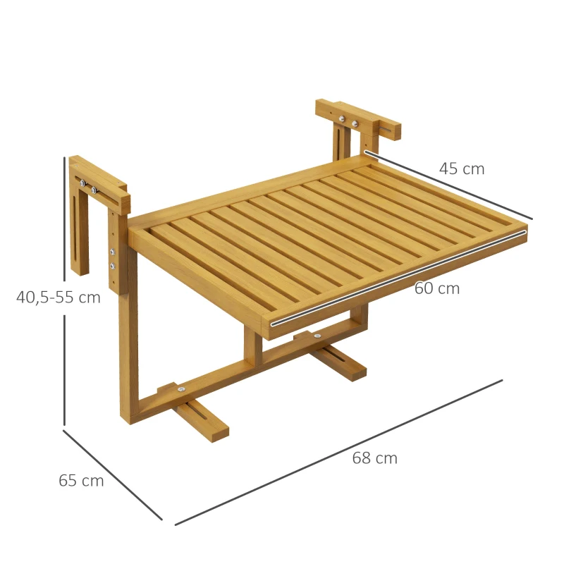 Outsunny Table de balcon pliante réglable en hauteur 40.5-55 cm, Table de rambarde en bois de pin, Usage extérieur et intérieur pour balcon, Couleur bois