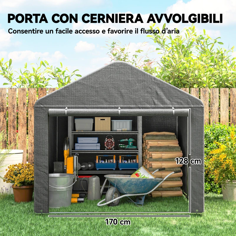 Outsunny Capanno da Giardino 2x2.4 m Impermeabile, Porta Avvolgibile e Telaio in Metallo, Grigio Chiaro