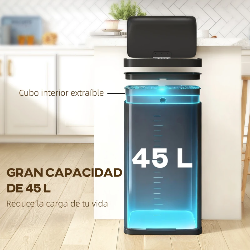 HOMCOM Cubo de Basura Cocina Automático 45 L con Sensor Infrarrojo Cierre Suave y Cubo Interior Extraíble Antihuellas Negro