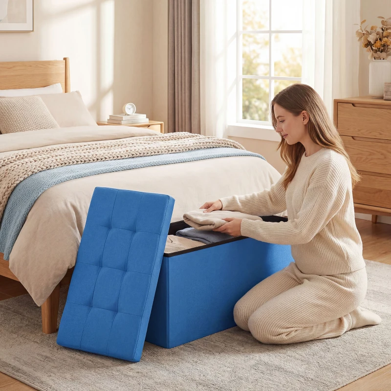 HOMCOM Aufbewahrungs-Pouf, Klappbare Aufbewahrungsbank 84 L 76x38x38 cm Bezug aus synthetischem Leinen Hellblau