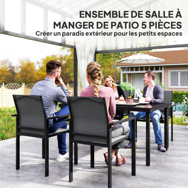 Outsunny Table de jardin extérieure avec 4 chaises empilables, plateau en verre trempé 140 cm, noir