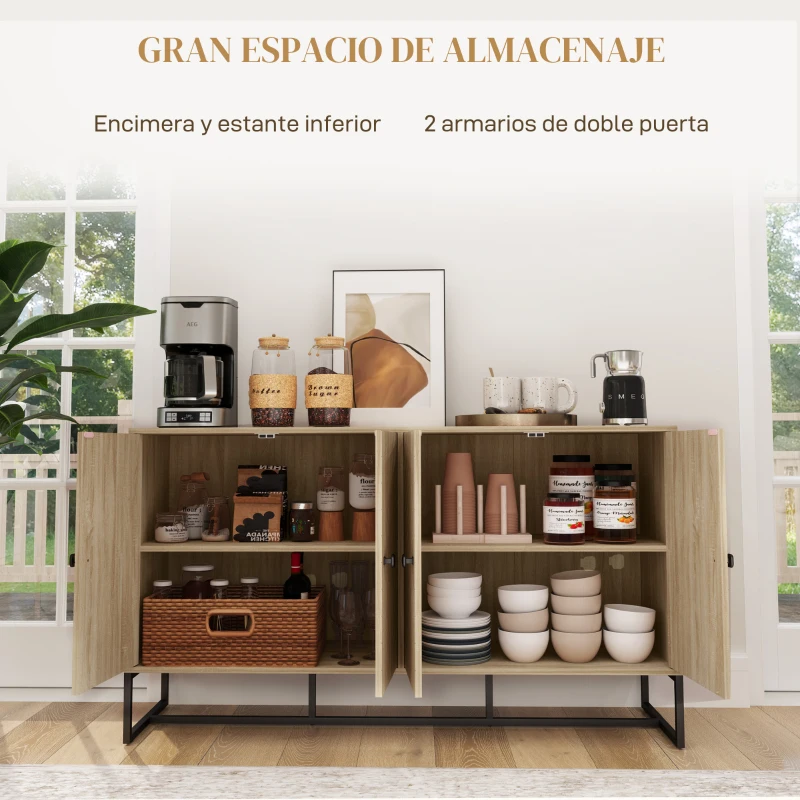 HOMCOM Aparador de Salón con 4 Puertas con Diseño Chevron Estantes Ajustables Patas de Acero 140,5x40x81,5 cm Roble