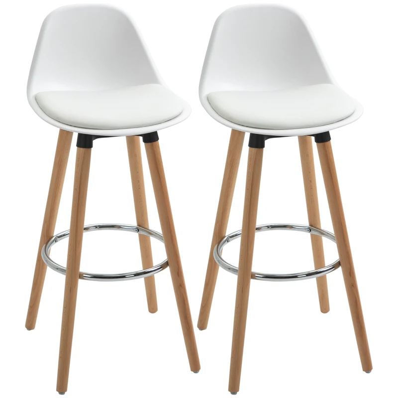 HOMCOM Lot de 2 tabourets de bar, chaises de bar en PU avec dossier et repose-pieds, assise rembourrée 69 cm, pieds en bois, style moderne, tabourets hauts pour cuisine, salle à manger, salon, blanc